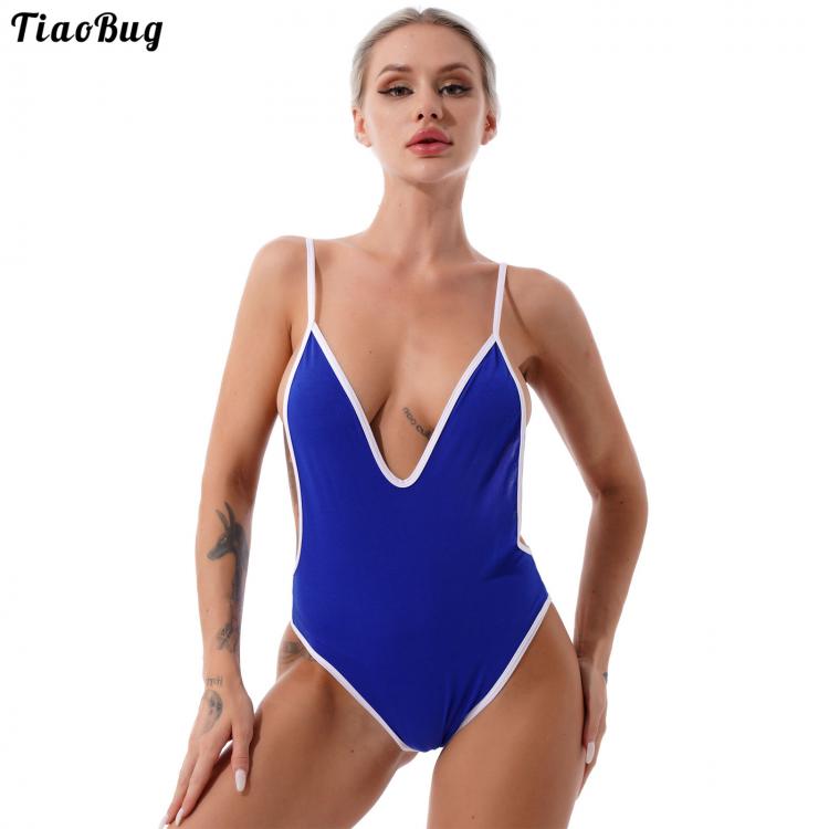 all in one place בגדי נשים TiaoBug Summer Women One-Piece Swimming Suit Deep V Neck Straps Open Back Hollow Out Side Leotard Jumpsuit Bodysuit Swimwear