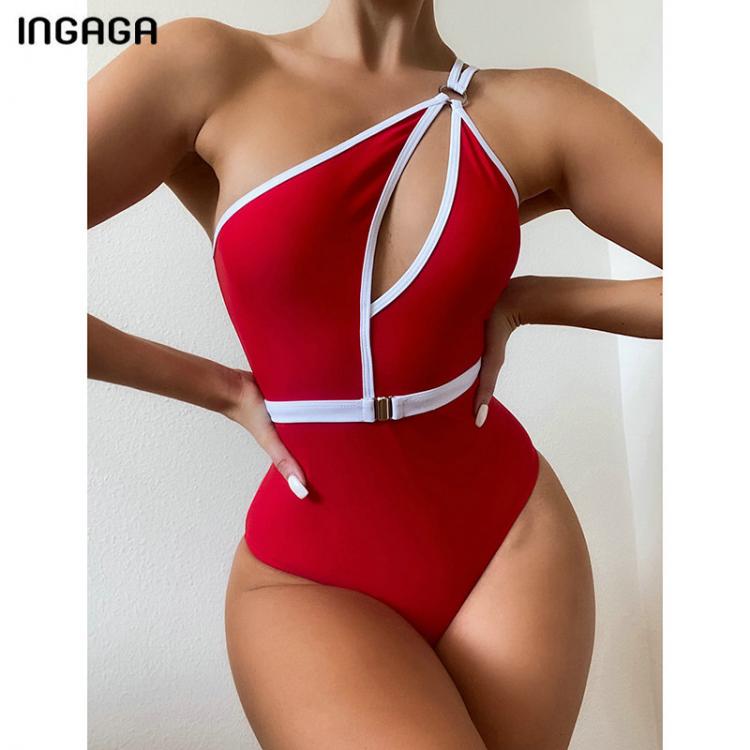 all in one place בגדי נשים INGAGA Cut Out Women's Swimsuit One Piece 2021 One Shoulder Swimwear Red Bodysuit Sexy Ring Linked Beachwear Backless Female 