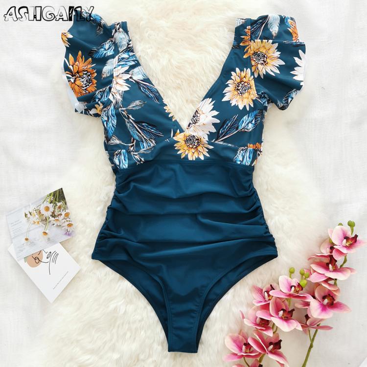 all in one place בגדי נשים Ashgaily 2021 Deep-V Swimsuit Women Hollow out One Piece Swimwear Floral Printed Monokini Bathing Suit Bodysuit Beach Wear