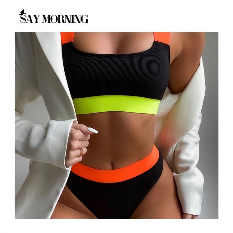 all in one place בגדי נשים SAY MORNING High Waist Bikinis 2021 Swimsuits Bandeau Swimwear Women Splicing Biquini Beachwear Sports Ribbed Bathing Suits New