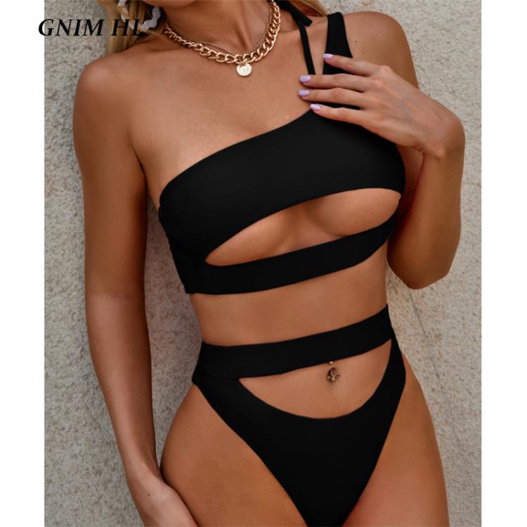 all in one place בגדי נשים GNIM Sexy Hollow Out Swimwear Women Push Up One Shoulder Bikini Mujer 2020 Solid Backless Swimsuit 2 Pieces Summer Beach Wear