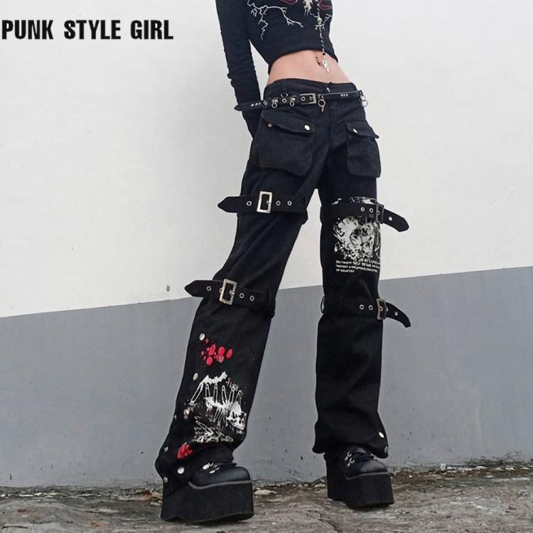 all in one place בגדי נשים Gothic Emo Alt Cargo Pants Techwear Hip Hop Jeans Lazy Goth Punk Black Denim Trousers Streetwear Academic Low Waist Joggers Y2k