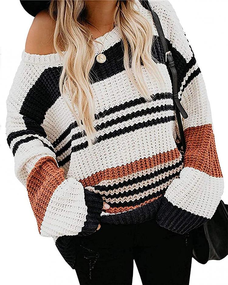 all in one place בגדי נשים ZESICA Women's Long Sleeve Crew Neck Striped Color Block Casual Loose Knitted Pullover Sweater Tops