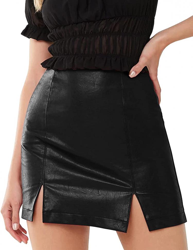 all in one place בגדי נשים MANGOPOP Women's Basic High Waist Faux Leather Bodycon Mini Pencil Skirt