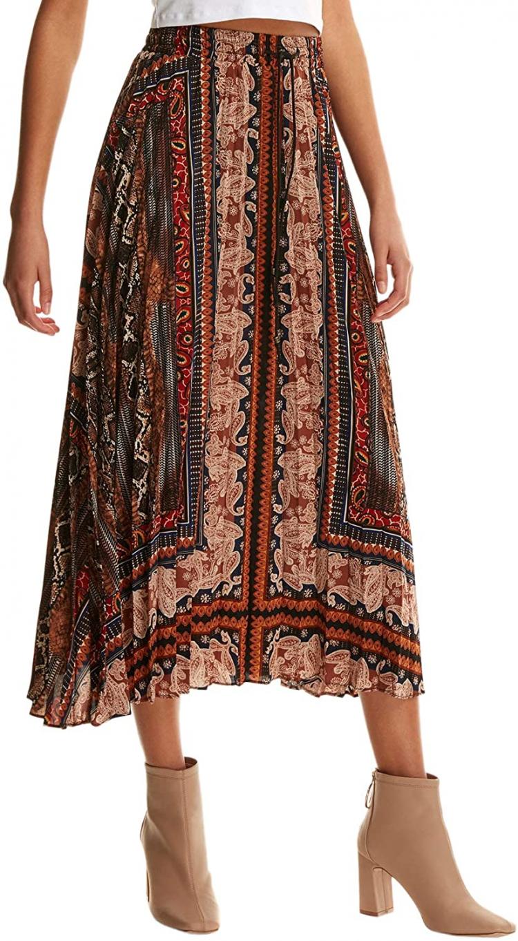 all in one place בגדי נשים Floerns Women's Boho Elastic Waist Scarf Print Pleated Midi Skirt