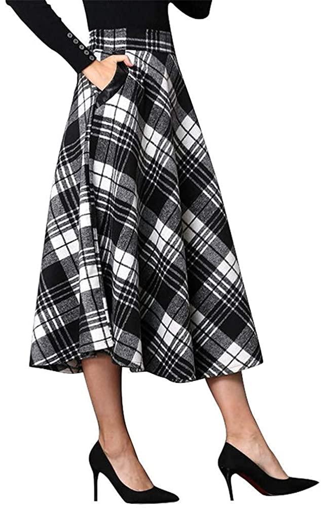 all in one place בגדי נשים IDEALSANXUN Womens High Elastic Waist Maxi Skirt A-line Plaid Winter Warm Flare Long Skirt