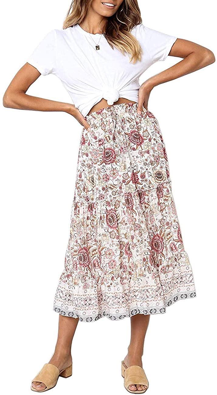 all in one place בגדי נשים MEROKEETY Women's Boho Floral Print Elastic High Waist Pleated A Line Midi Skirt