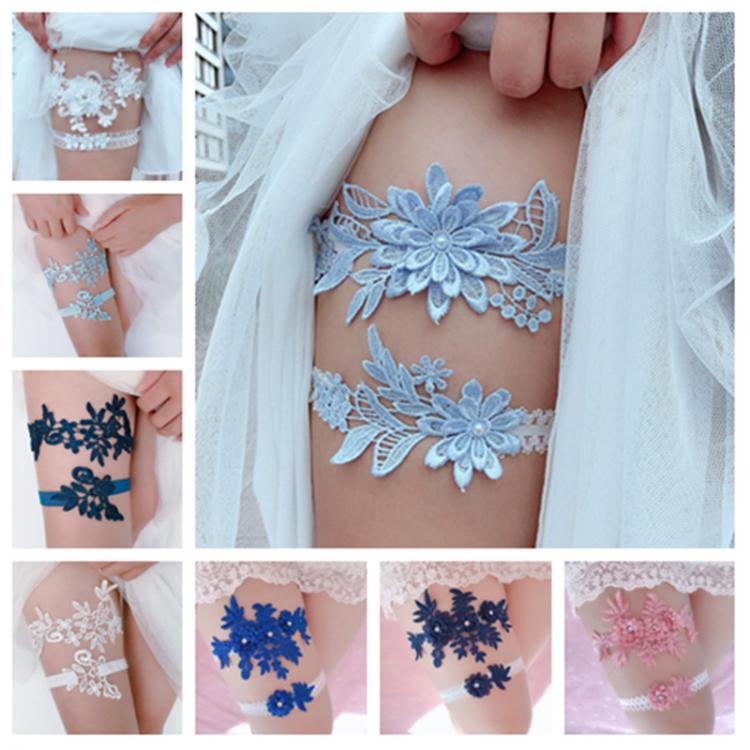 all in one place בגדי נשים 2pcs Wedding Garter Navy White Embroidery Floral Sexy Garters Women/Female/Bride Thigh Ring Bridal Lace Leg Ring Loop