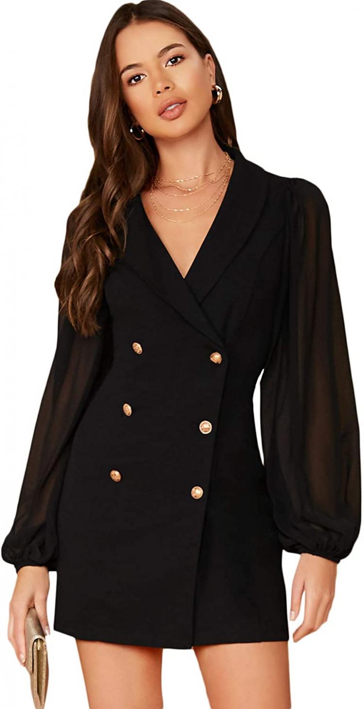all in one place בגדי נשים Romwe Women's Long Sleeve Zipper Up Button Front Elegant Solid Blazer Mini Dress