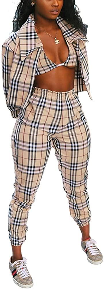 all in one place בגדי נשים THLAI Women Casual Plaid 2 Piece Outfits Open Front Long Sleeve Blazer with Matching Bra and Long Pants Set 3 Piece Outfits