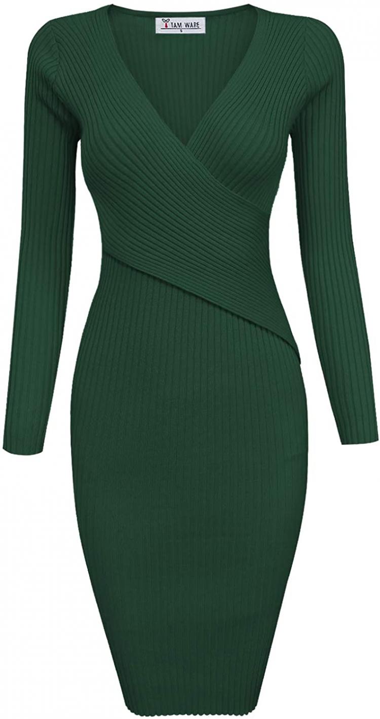 all in one place בגדי נשים TAM WARE Womens Stylish Surplice Wrap Bodycon Knit Midi Dress