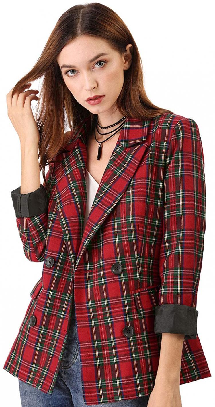 all in one place בגדי נשים Allegra K Women's Notched Lapel Double Breasted Plaid Work Formal Blazer Jacket