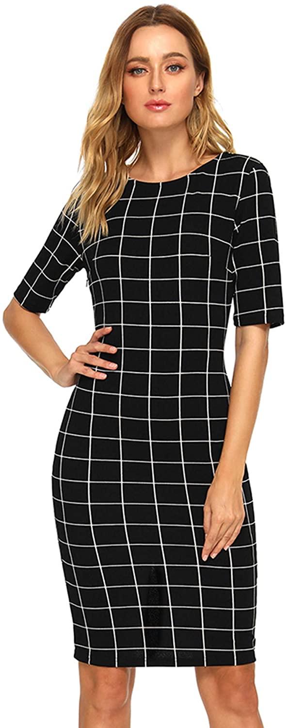 all in one place בגדי נשים SheIn Women's Short Sleeve Plaid Grid Round Neck Elegant Sheath Pencil Bodycon Dress