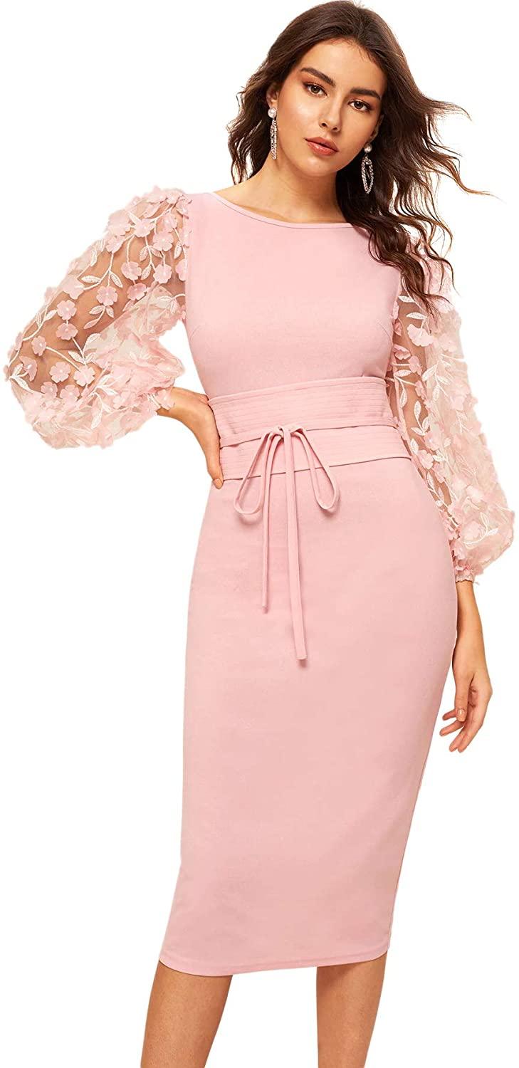 all in one place בגדי נשים SheIn Women's Elegant Mesh Contrast Bishop Sleeve Tie Front Bodycon Pencil Dress