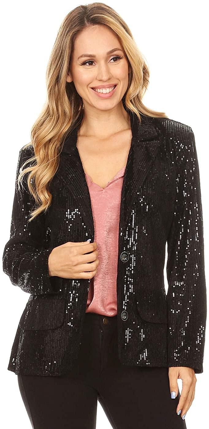 all in one place בגדי נשים Anna-Kaci Women's Evening Sparkle Sequins Open Front Long Sleeve Blazer Jacket