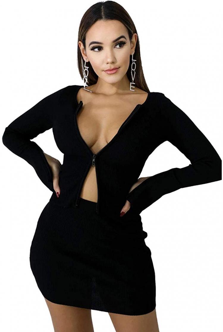 all in one place בגדי נשים XLLAIS Women Long Sleeve Zipper Cardigan Crop Tops and Skirt Sets Sexy Mini Bodycon Dress
