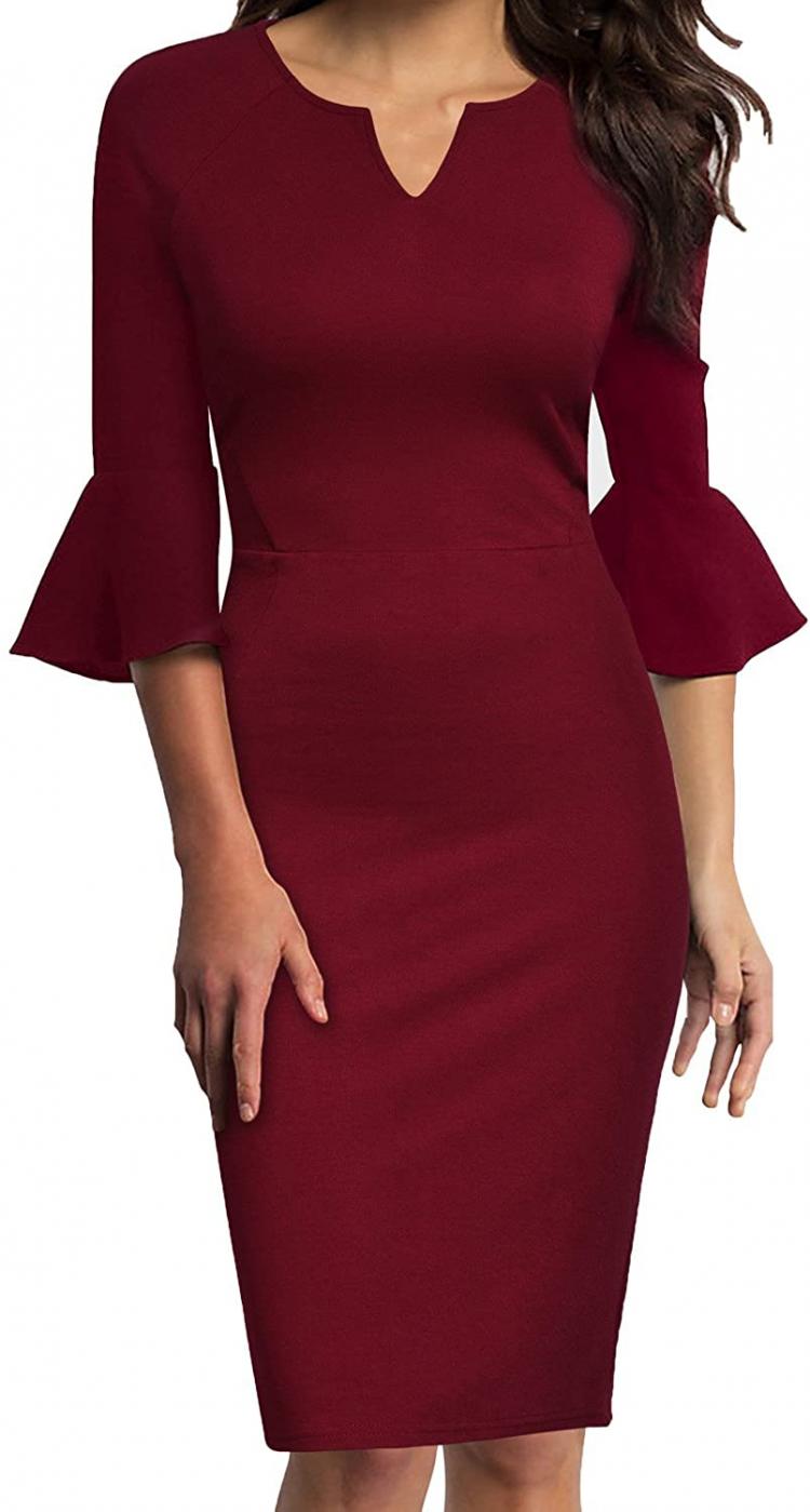all in one place בגדי נשים WOOSUNZE Womens Flounce Bell Sleeve Office Work Casual Pencil Dress