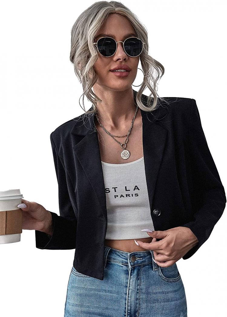 all in one place בגדי נשים SheIn Women's Lapel Neck Single Button Long Sleeve Casual Work Crop Blazer Jacket