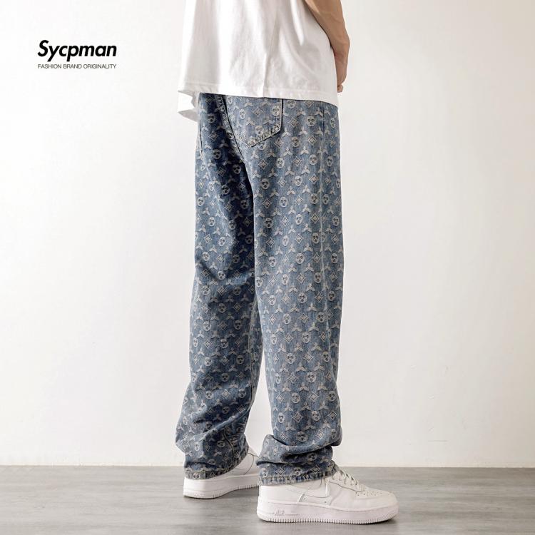 all in one place בגדי גברים American retro jacquard jeans men autum summer thin Street ruffian handsome loose leg pants straight tube drop feeling mop pants