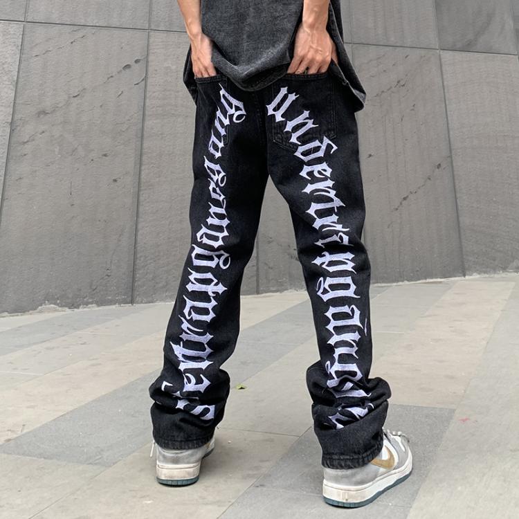 all in one place בגדי גברים Ripped Hip Hop Hole Embroidery Jeans Men's Korean Oversize Straight Black Vibe Denim Trousers Loose Harajuku Retro Jean Pants
