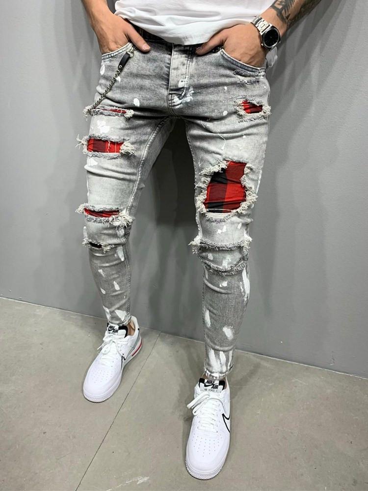 all in one place בגדי גברים Men's Quilted Embroidered jeans Skinny Jeans Ripped Grid Stretch Denim Pants MAN Elastic Waist Patchwork Jogging Denim Trouse