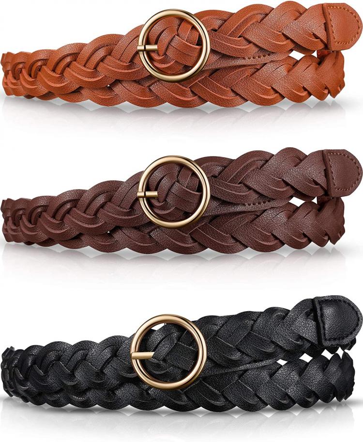 all in one place אביזרי נשים 3 Pieces Women's Braided Leather Belt Skinny Woven Braided Belt O-Ring Buckle Leather Belt for Dress, Jean, Skirt, Pant