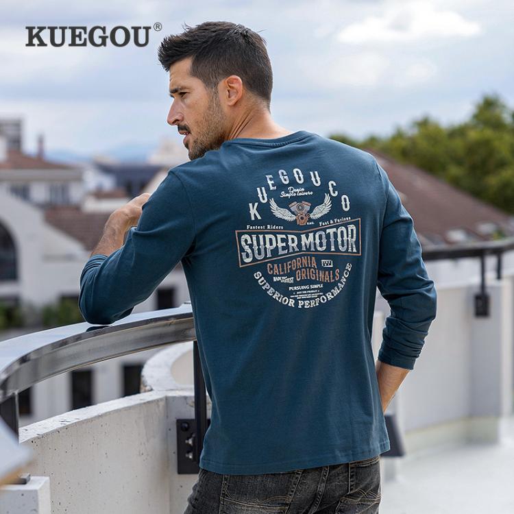 all in one place בגדי גברים KUEGOU 2021 Autumn 100% Cotton Blue White T Shirt Men Slim Tshirt Brand Long Sleeve T-Shirt Male Wear Plus Size Tee Tops 60045