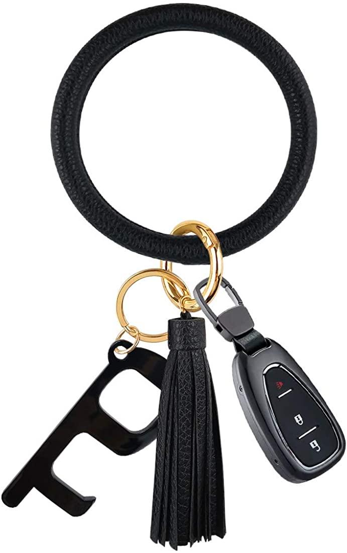 all in one place אביזרי נשים Leather Bracelet Key Ring Bangle Keyring, Tassel Ring Circle Key Ring Keychain Wristlet with No Touch Key Door Opener–