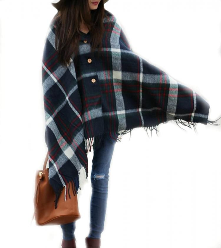 all in one place אביזרי נשים Pretty Simple Plaid Blanket Scarf w/Buttons – Women’s Large Shawl or Wrap – For Winter Spring or Autumn