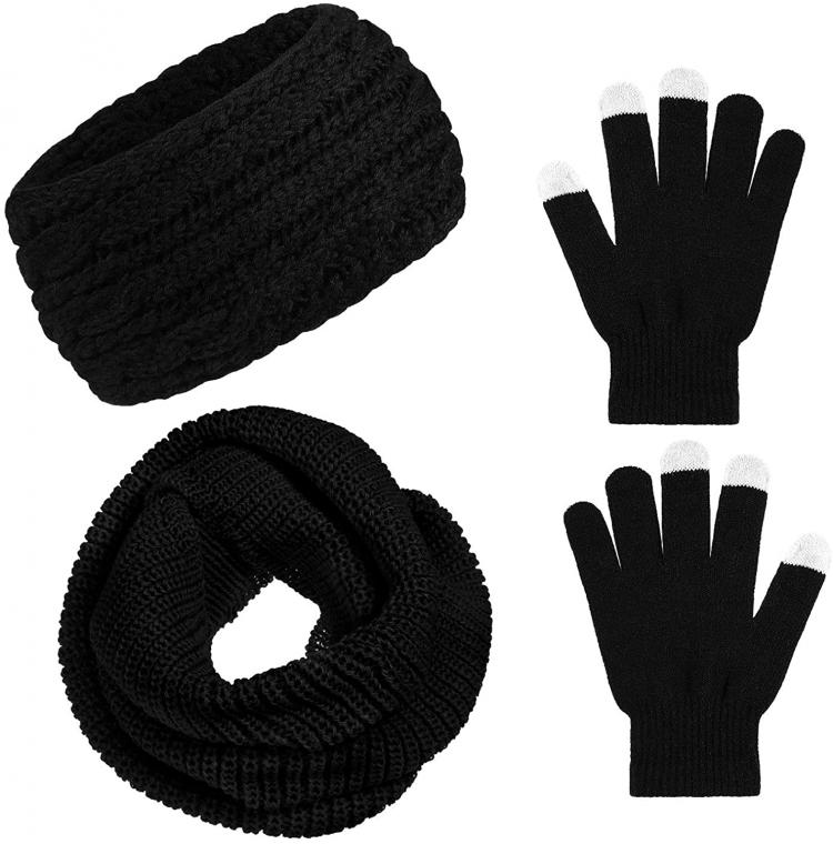 all in one place אביזרי נשים 3 Pieces Winter Warm Set, Include Black Ear Knit Hair Band, Neck Warmer Scarf and Touchscreen Gloves