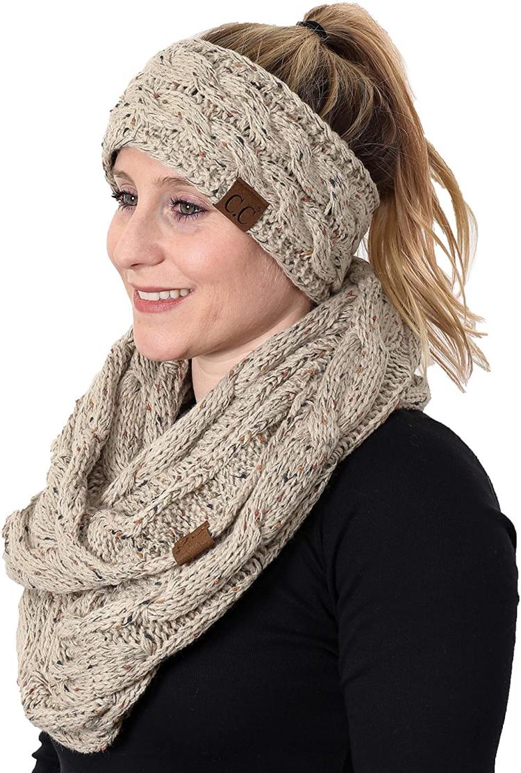 all in one place אביזרי נשים Funky Junque Cable Knit Fuzzy Lined Headwrap with Matching Infinity Scarf