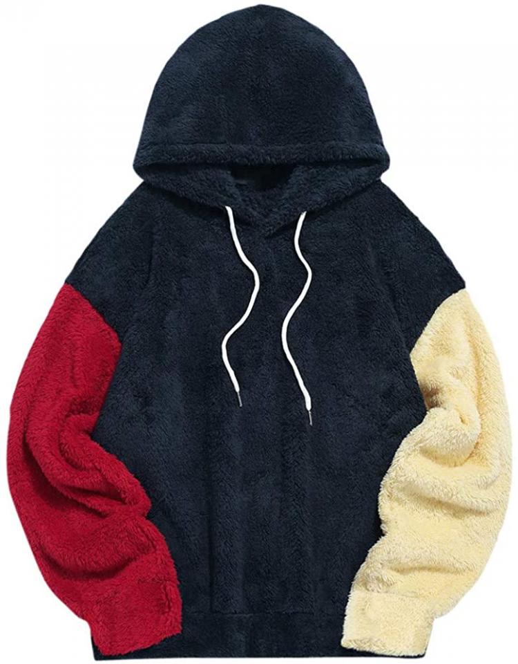all in one place בגדי גברים ZAFUL Fashion Sherpa Pullover Hooded Sweatshirts Unisex Colorblock Splicing Drawstring Fluffy Faux Fur Hoodies