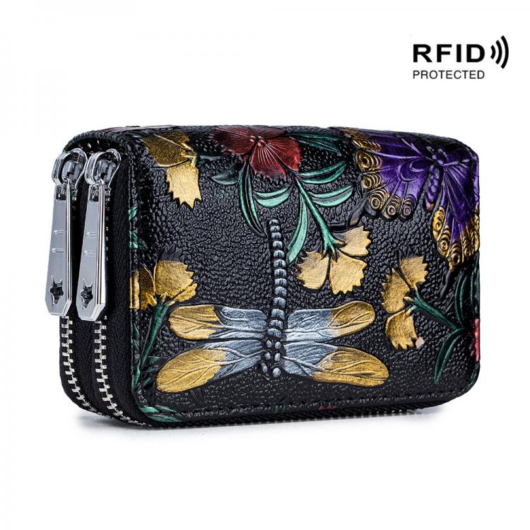 all in one place אביזרי גברים RFID Fashion Women Card Holder Split Leather Double Zipper Card Case Large Capacity 3D Flower Printed Lady Women Wallets Purse