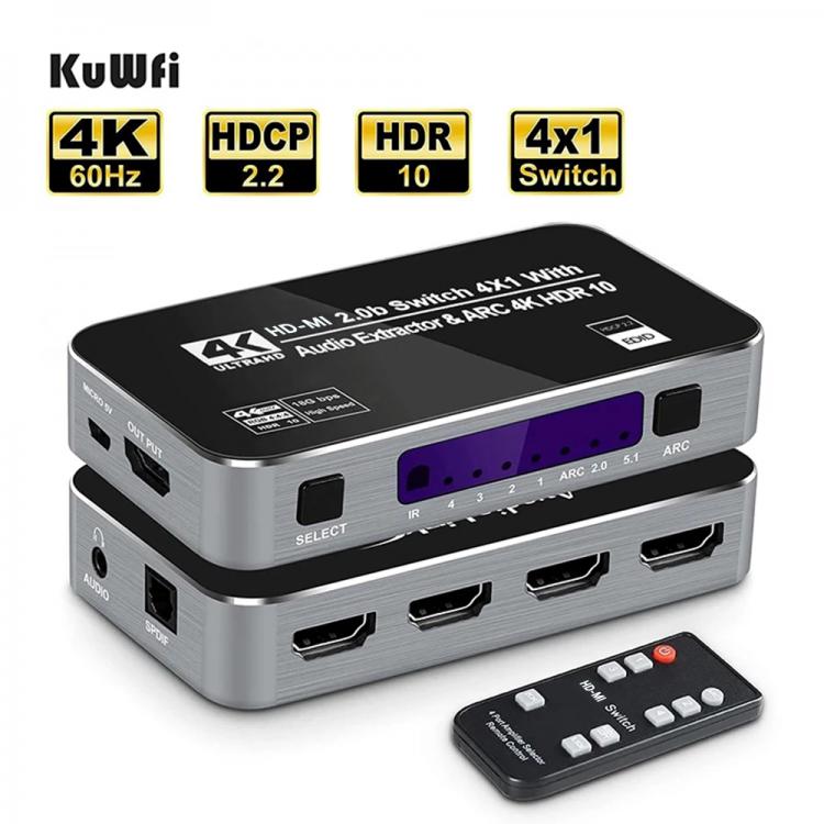all in one place חומרה 4K60Hz 4 Ports HD-MI 2.0b Switch Switcher Box 4 in 1 Out with Optical 3.5mm Stereo Audio Out Remote Audio Extractor ARC HDCP 2.2