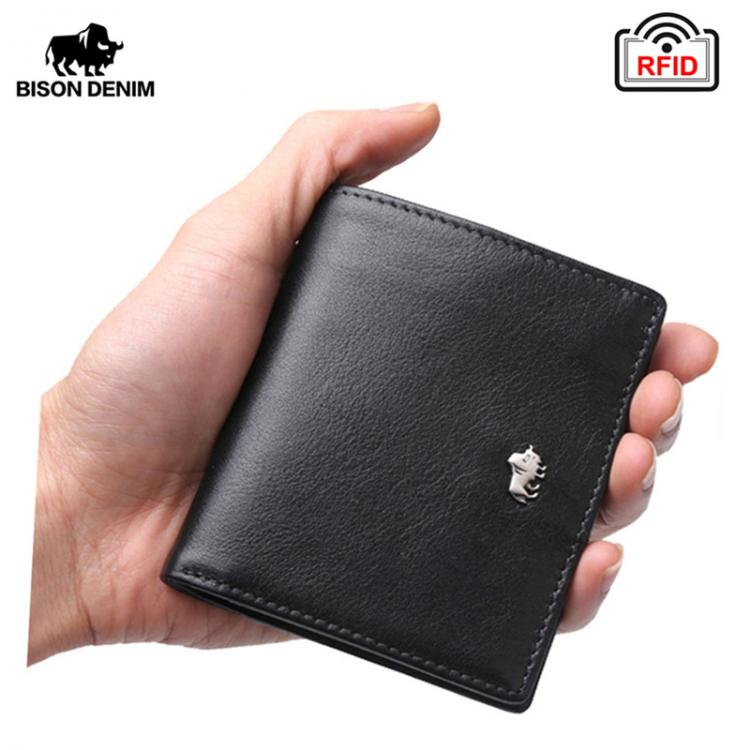 all in one place אביזרי גברים BISON DENIM Short Wallets Men Genuine Leather RFID Blocking Wallet Men Coin Pocket Card Holder Designer Purse Mini W9317