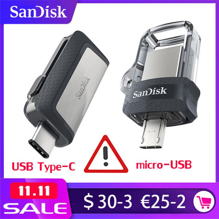 all in one place ציוד היקפי SanDisk OTG USB Flash Drive 32GB 16GB USB 3.0 Dual Mini Pen Drives 128GB 64GB PenDrives for PC and Android phones For shipping