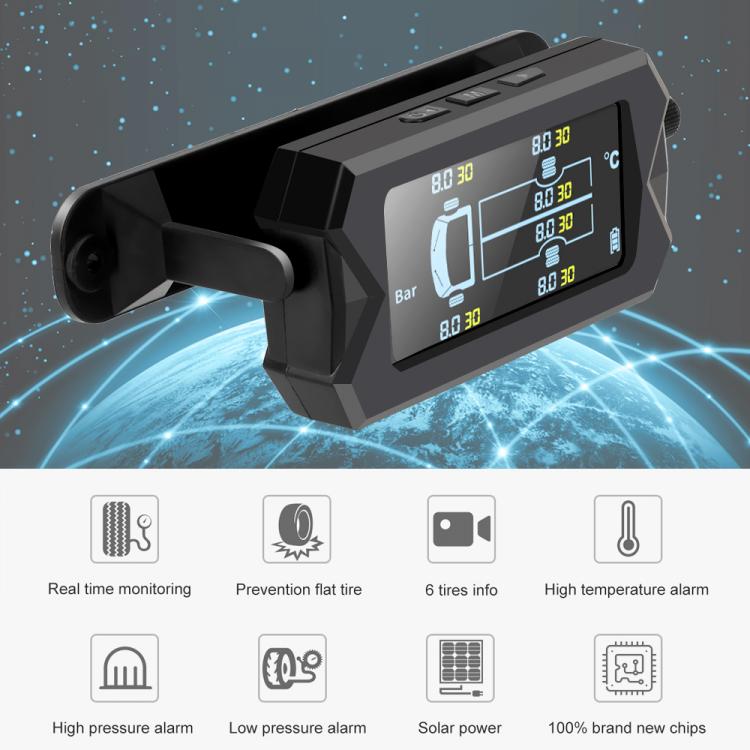 all in one place אלקטרוניקה Car Truck TPMS With 6 External Sensors Wireless Tyre Pressure Alarm Tire Pressure Monitoring System Solar Power & USB Charging