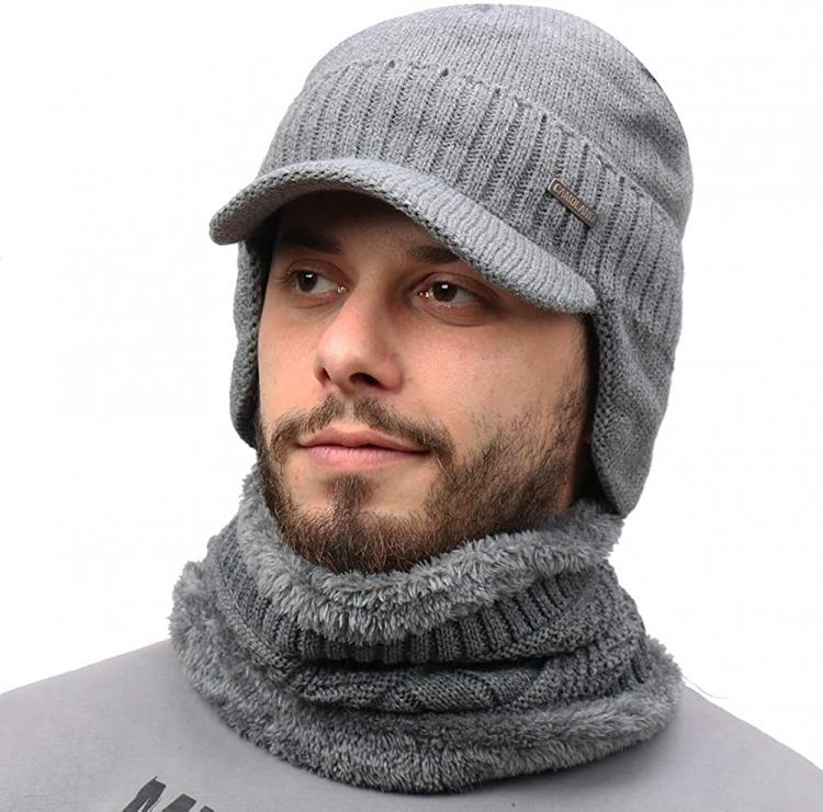 all in one place אביזרי גברים Winter Beanie w/Visor & Earflaps for Men Outdoor Fleece Hat Scarf Set