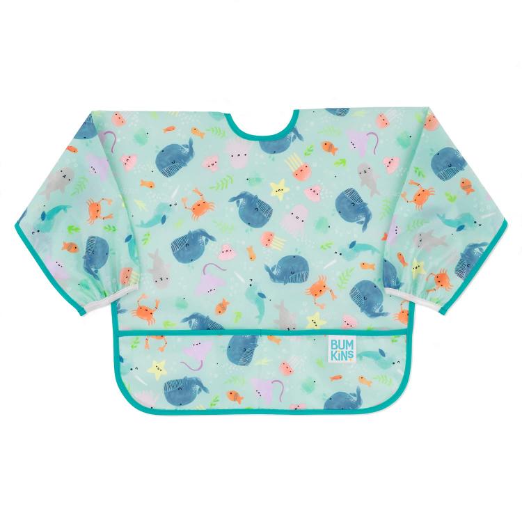 all in one place ילדים ותינוקות Bumkins Sleeved Bib Baby Bib, Toddler Bib, Smock, Waterproof Fabric, Fits Ages 6-24 Months – Ocean Life