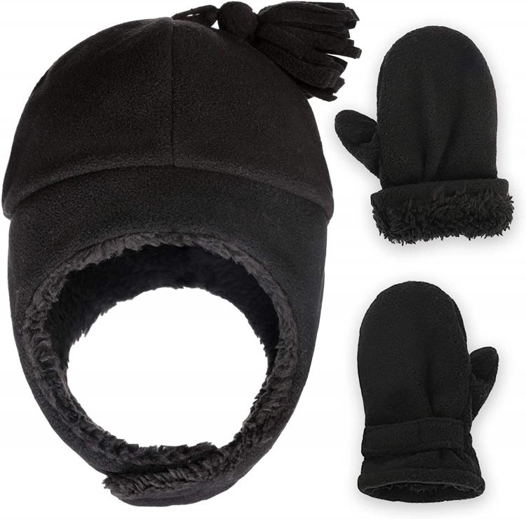 all in one place ילדים ותינוקות Baby & Toddler Sherpa Lined Fleece Winter Hat & Mitten Set - Warm Snow Trapper Pom Hat & Gloves for Infant Kids, Boys 