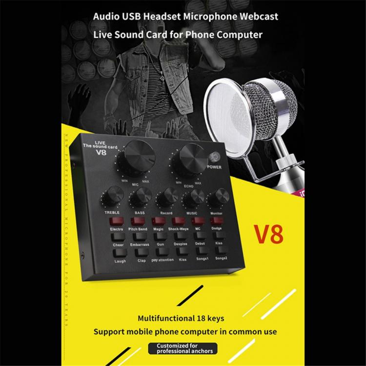 all in one place חומרה V8 USB Audio Sound Card 5.0 Headset Microphone Webcast Live Sound Card 18 Sound Effects 6 Modes Sound Card For Phone Computer