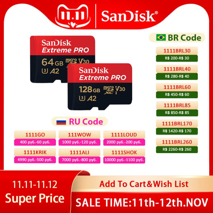all in one place אביזרים Original SanDisk Extreme Pro Micro SD Card Up to 170MB/s 128GB 64GB A2 V30 U3 TF Card 32GB A1 Memory Card With SD Adapter