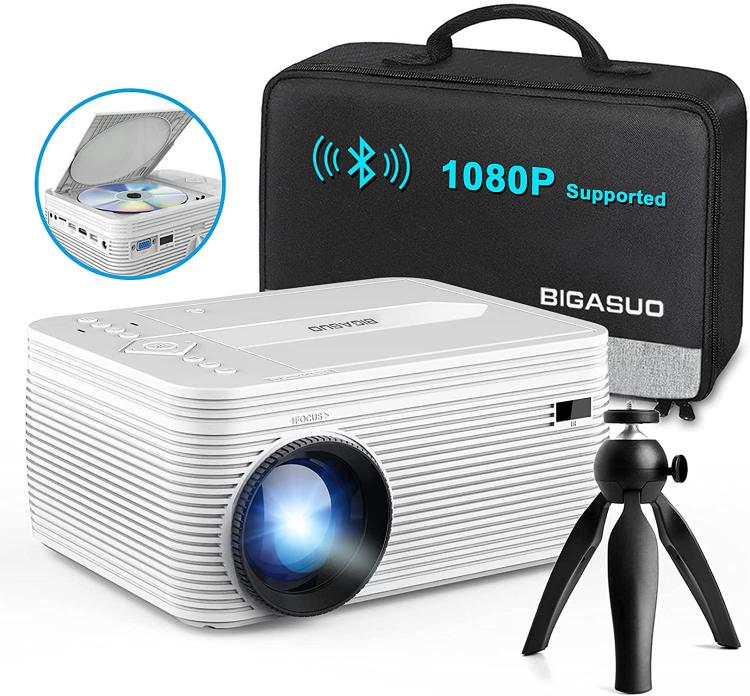 all in one place ביתית BIGASUO [2021 Upgrade] HD Bluetooth Projector Built in DVD Player, Mini Video Projector 1080P Supported Compatible with TV/HDMI/VG