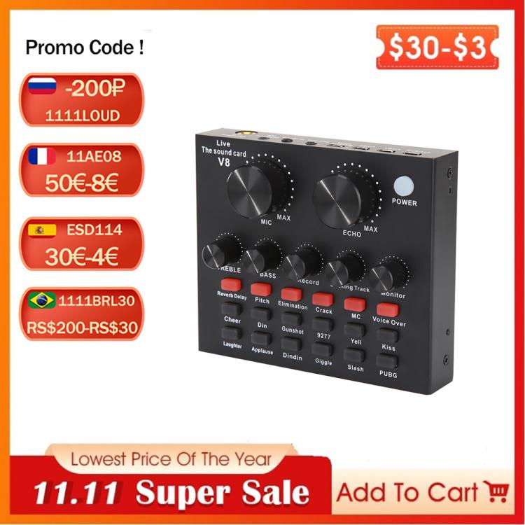 all in one place חומרה V8 Audio USB External Sound Card Headset Microphone Webcast Personal Entertainment Streamer Live Broadcast for PC Phone Computer