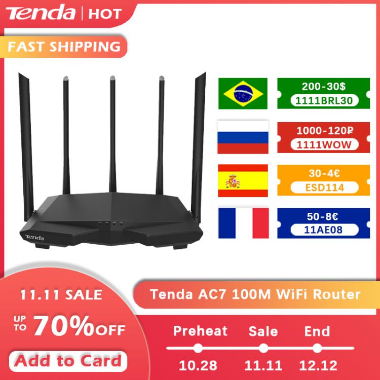 all in one place ציוד היקפי Tenda AC7 wifi Routers 11AC 2.4Ghz/5.0Ghz Wi-fi Repeater 1*WAN+3*LAN 5*6dbi high gain Antennas Smart APP Manage English Firmware