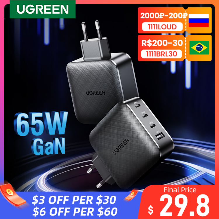 all in one place אביזרים UGREEN USB Charger GaN 65W Fast PD Charger 4 Port USB C Charging Quick 4.0 30 for Huawei Xiaomi iPhone Notebook PD Fast Charger