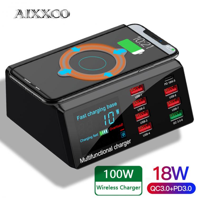 all in one place אביזרים AIXXCO 100W Wireless USB Charger Dock 18W PD QC3.0 Fast Charger Station Smart LED Display 8 Ports USB for Samsung Huawei iPhone