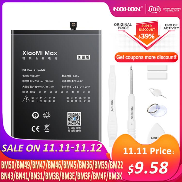 all in one place אביזרים NOHON BM47 BM46 BN43 BN41 BN31 BM22 BM3L BM36 BM3E Battery For Xiaomi CC9 Mix 3 2 Mi 5 8 9 SE Pro Lite 4C 5S Max 5X Redmi 4X 3X