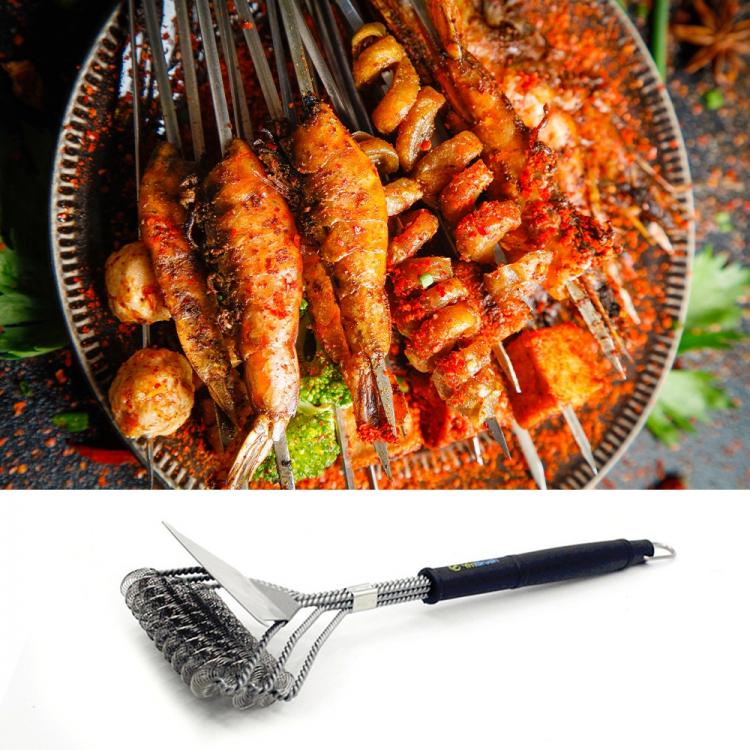 all in one place חצר וגינה 2pcs 18 Inch Anti-Sticking Stainless Steel Oven Grill Cleaning Brush Three-Head Barbecue Brush With Handle Kitchen Barbecue