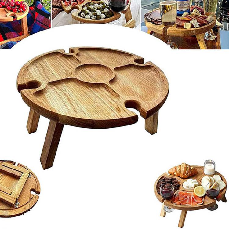 all in one place חצר וגינה Wooden Outdoor Folding Picnic Table With Glass Holder Round Foldable Desk Wine Glass Rack Collapsible Table for Garden Party